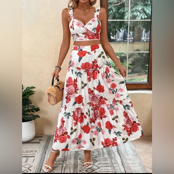 Dresses & Skirts - Floral Maxi Skirt - Red and Green